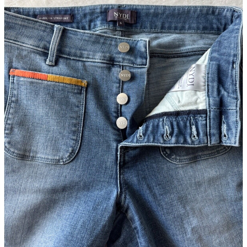 NYDJ Jeans Marilyn Straight Clean Horizon SZ 6 Ankle Raw Hem Multi Color Pockets - Picture 4 of 16